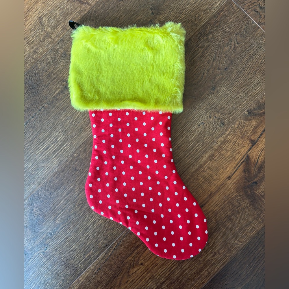 NWOT Polka Dot with Green Fur Cuff Christmas Stocking